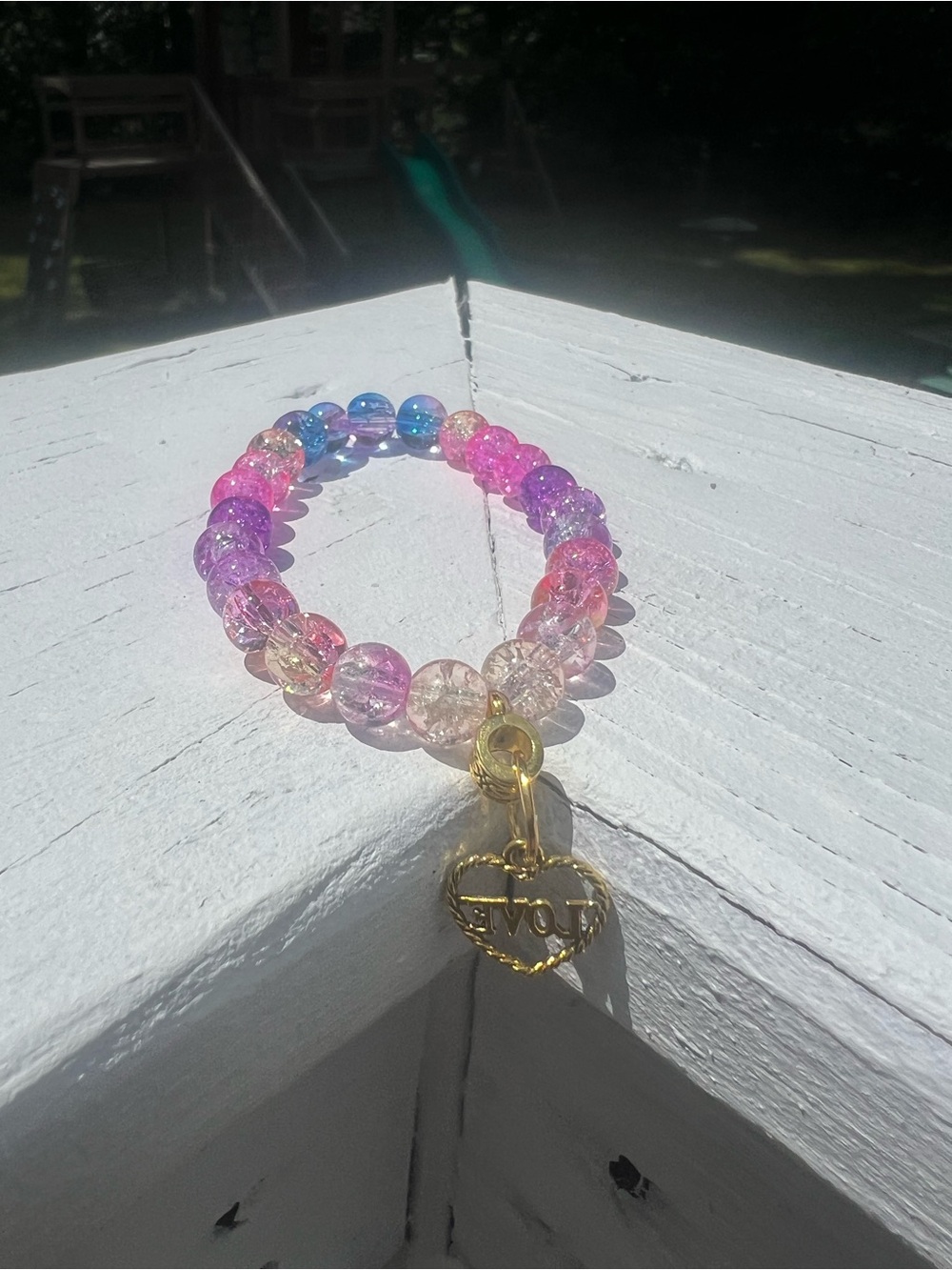 Colorful Glass Beaded Stretch Bracelet with GOLD 'LOVE' Heart Charm